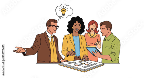 Group of professionals discussing a project with innovative ideas illustration