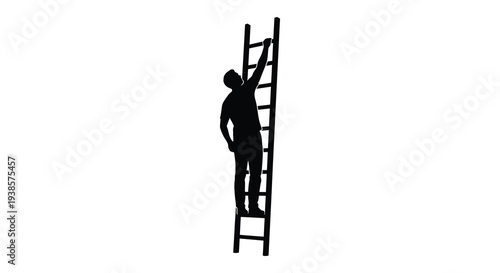 A stark black silhouette depicts a person ascending a tall ladder showcasing ambition and progress silhouette high quality professional