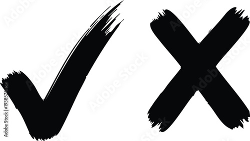 Black painted check mark and cross symbols on white background