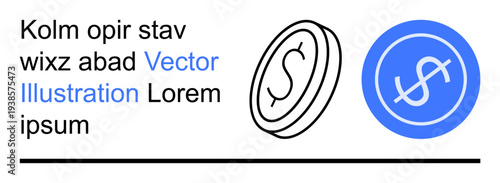 Finance, economics, currency exchange, digital payment, monetary transactions, budgeting. Two coins with dollar symbols, one black outlined and one in blue fill. Finance and currency exchange concept