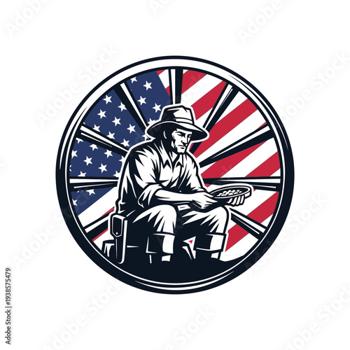 Vintage american worker sitting with toolbox in front of patriotic background