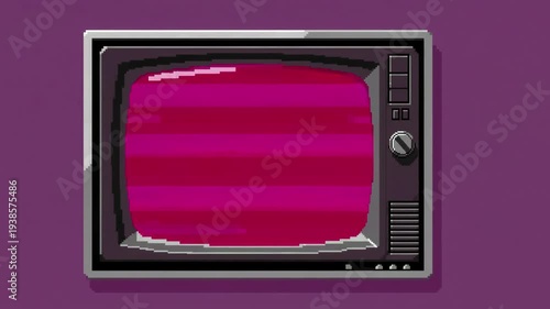 A retro pixel art television set displaying purple static signal glitch noise on its screen. Perfect for synthwave music videos, retro gaming overlays, stream background loops, cyber aesthetic motion 