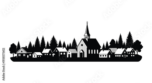 A detailed black and white illustration depicts a quaint european townscape against a mountainous backdrop silhouette high quality professional