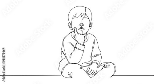 Continuous line art illustration of a pensive young child sitting with hand on face, evoking introspection and innocence in a modern minimalist style