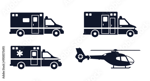 A collection of emergency vehicles including ambulances and a helicopter shown in a stark silhouette high quality professional detailed