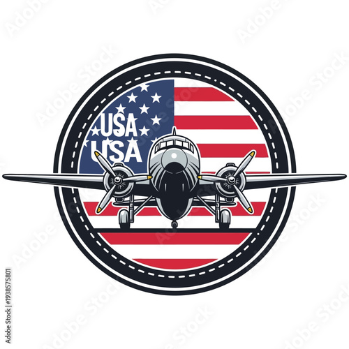 Vintage usa airplane emblem with american flag background