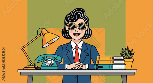 Woman in sunglasses at desk with phone and lamp illustration