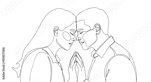 Minimalist line art illustration capturing a tender moment between a loving couple, symbolizing intimacy, romantic connection, and shared affection. Perfect for relationship-themed designs