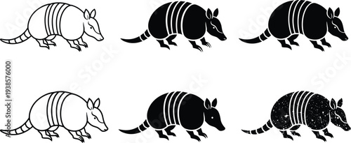 Stylized armadillo illustrations, black vector, striped texture, speckled shading, line drawing, cartoon posture, animal design, character set, wildlife art
