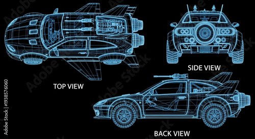 Military Jet Car, Wireframe, Vector, Vehicle, Blueprint – Technical Drawing Top Side Back Views