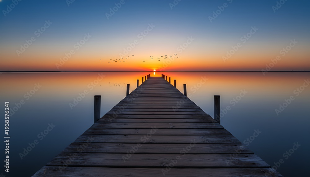 Obraz premium Wooden dock on calm lake at serene sunset