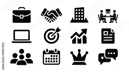 Business icons set including briefcase handshake building teamwork laptop target growth chart document people calendar crown and speech bubble on white background