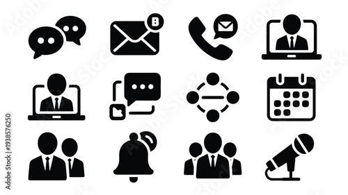 Business communication icons set including phone email chat and people silhouettes on white background for corporate concepts
