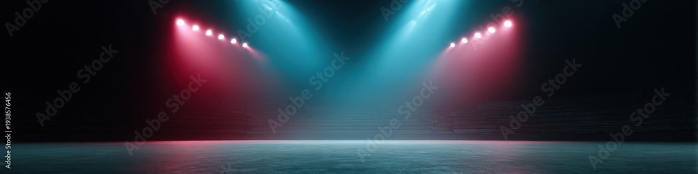 Naklejka premium Stage spotlight blue red haze empty arena beam lighting concert floor dark mood