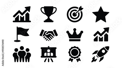 Business success icons set including growth chart trophy target star flag handshake crown graph people presentation medal and rocket