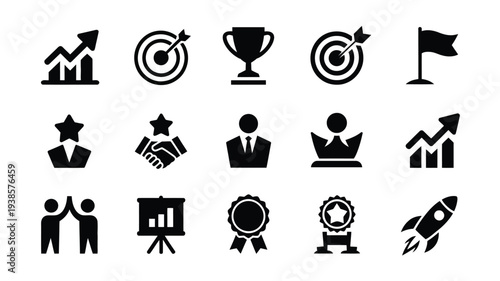 Business success icons set including growth chart target trophy flag leadership teamwork and achievement symbols in black silhouette on white background