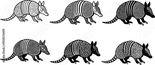 Stylized armadillo illustrations, black and white, circular motifs, striped texture, swirl pattern, cartoon posture, vector art, character set
