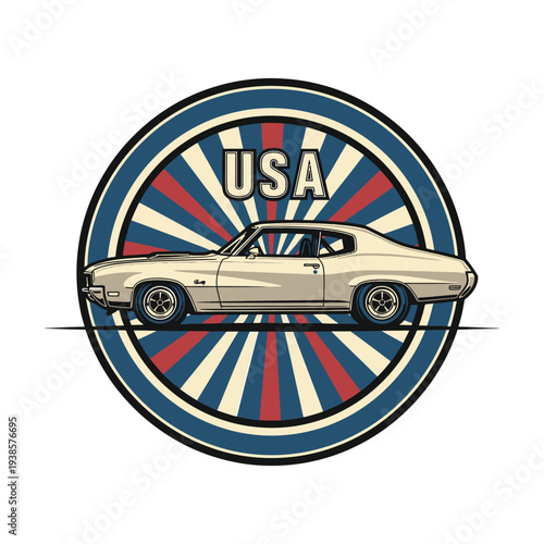 Vintage beige american muscle car on patriotic sunburst background with usa text