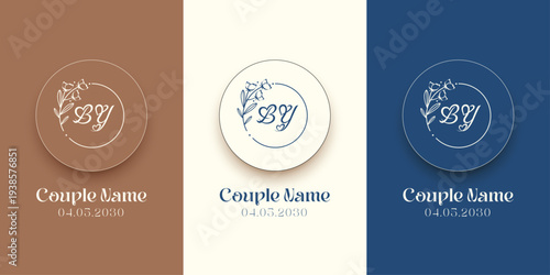 Elegant monogram logo with floral wreath for wedding invitations, featuring initials BY and customizable date, in three color palettes.