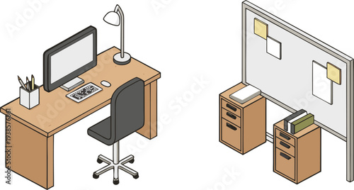 Vector illustration of an office accessories and management system, interior design featuring a 3d workplace with a desk, chair, and computer technology.