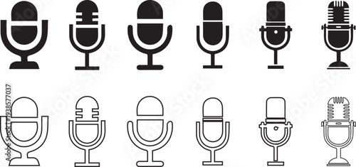 Professional Microphone Icon Set with Retro and Modern Styles for Podcast, Recording Studio, and Voice App Interface