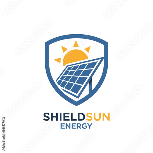 Solar panel with sun inside shield logo for renewable energy and power security SHIELDSUN ENERGY
