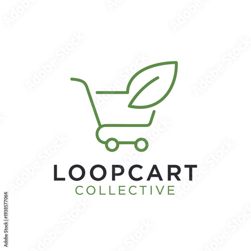Minimalist shopping cart line logo with green leaf for eco friendly retail branding Loopcart Collective