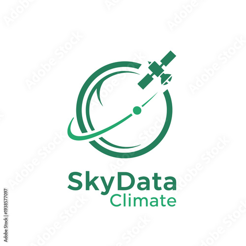 Planet earth with satellite orbit logo for weather monitoring or green tech SkyData Climate