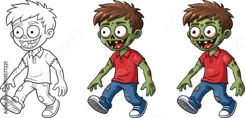 Cartoon zombie character design progression from sketch to colored illustration, showing artistic stages with green skin, torn clothing, exaggerated features, and spooky digital artwork style