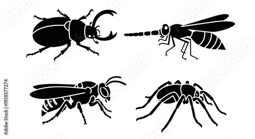 Diverse Insect and Arachnid Silhouettes Collection on White Background
