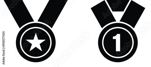 Reward black icon set, award line icons collection, medal with ribbon winner symbol, trophy success achievement, and victory honor concept vector