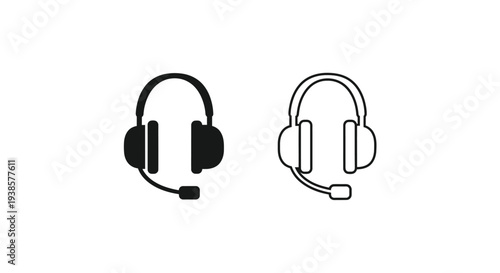 Headphones with Microphone Icon Set Vector - Solid and Outline Style Headset for Customer Service, Support, and Communication