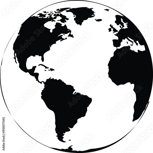 Black and white globe showing north and south america and europe