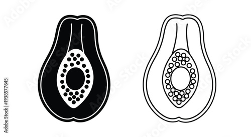 Minimalist Black and White Papaya Fruit Icon Set Vector Illustration for Healthy Food, Tropical Produce, and Vegan Diet Designs