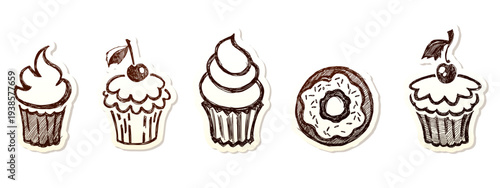 Hand drawn dessert doodle set with cupcakes, frosting swirls, cherry topping and donut icon, vintage sketch style sweet bakery illustrations isolated on white