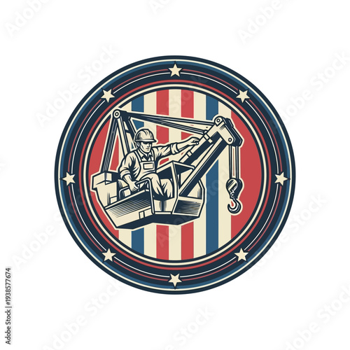 Construction worker operates crane within patriotic circular emblem