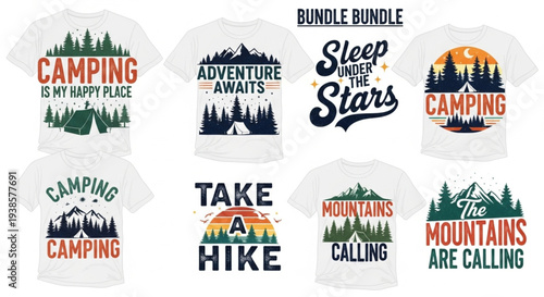 Camping Adventure Mountain Nature Themed T-Shirt Designs Bundle.