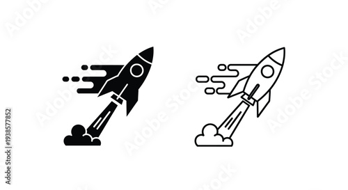 Set of 2 Black Rocket Launch Icons Vector: Solid and Outline Style for Business Startup, Innovation, and Fast Growth Concepts