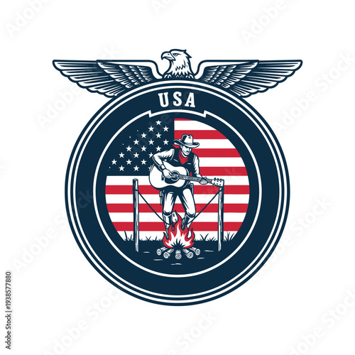 Country musician playing guitar in front of usa flag emblem with eagle