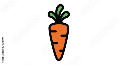 Simple stylized vector graphic illustration of a bright orange carrot vegetable with green leafy tops