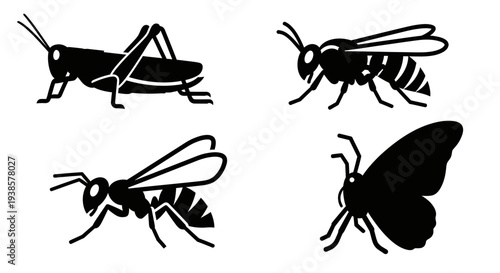 Diverse Insect Silhouettes: Grasshopper, Wasp, Bee, and Butterfly Icons