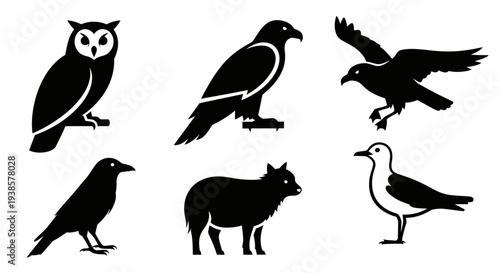 Diverse Wildlife Silhouettes Collection: Owl, Eagle, Crow, Wolf, Seagull Vector Icons Set
