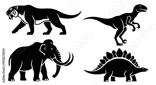 Extinct Prehistoric Animals Silhouettes Set: Mammoth, Raptor, Saber-toothed Tiger, Stegosaurus
