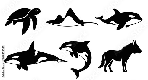 Diverse Wildlife Silhouettes: Orca, Sea Turtle, Manta Ray, and Hyena Vector Icons