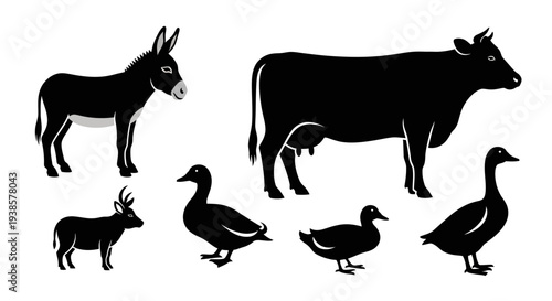 Farm and Wild Animals Silhouettes Set on White Background