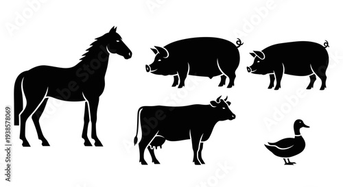Farm Animal Silhouettes Collection Vector Illustration
