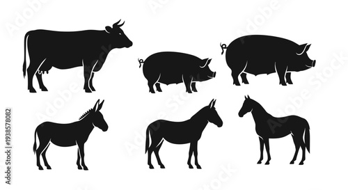 Farm animal silhouettes set: cow, pig, donkey, and horse vector icons