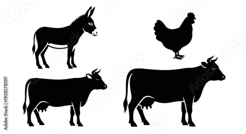 Farm animal silhouettes set: donkey, chicken, and cows on white background