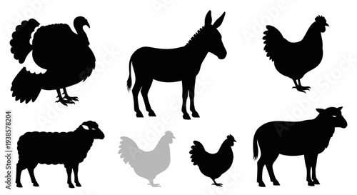 Farm Animals Silhouettes Collection: Turkey, Donkey, Chickens, and Sheep