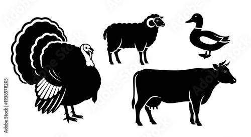 Farm Animals Silhouettes Collection: Turkey, Sheep, Duck, and Cow Icons